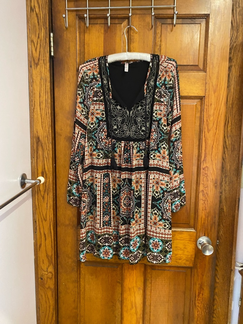 Xhilaration Black Tunic with Teal, Rust and Cream Floral Print